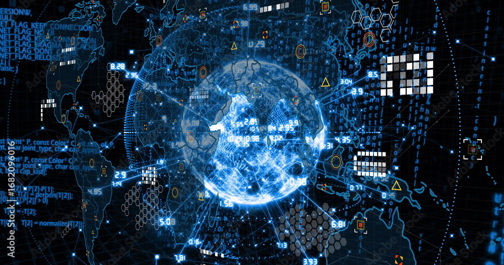 Obraz premium Displaying glowing digital Earth globe spinning on dashboard, with hex grid clusters, code snippets