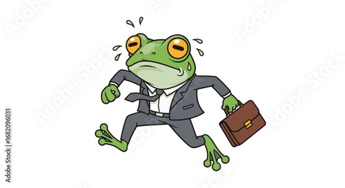 Cartoon frog in a business suit running with a briefcase, looking stressed and hurried.