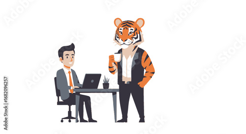 An anthropomorphic tiger boss in a vest holding a coffee mug talks to a male employee at his desk.