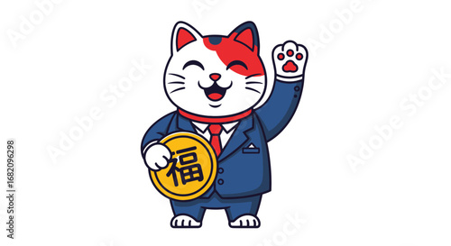 Cartoon illustration of a Maneki Neko cat wearing a suit, holding a coin with a Chinese character, and waving its paw.