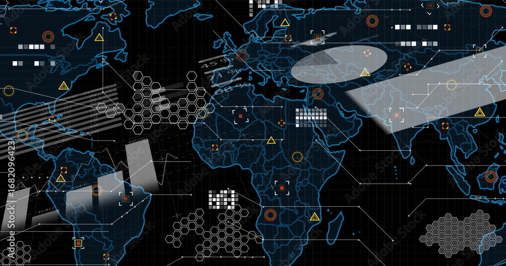 Obraz premium Displaying neon blue world map display on digital dashboard, with hex clusters and warning symbols