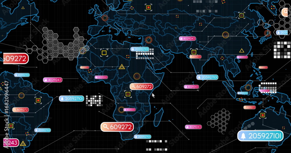 Obraz premium Displaying digital map showing data points in interface, with hex grids and numeric tags