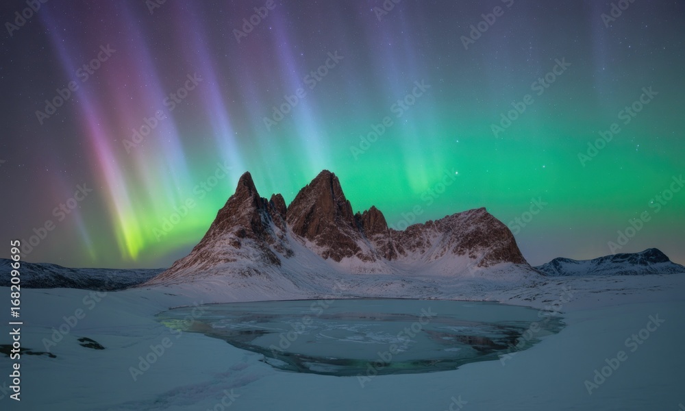 Naklejka premium Aurora borealis illuminates jagged peaks over frozen lake