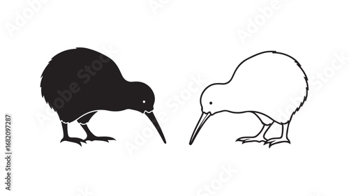 Kiwi bird silhouette and outline with transparent background