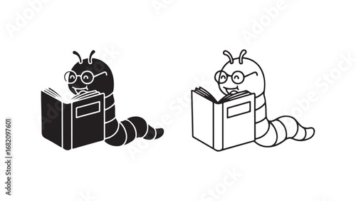 Bookworm reading with glasses, black and white