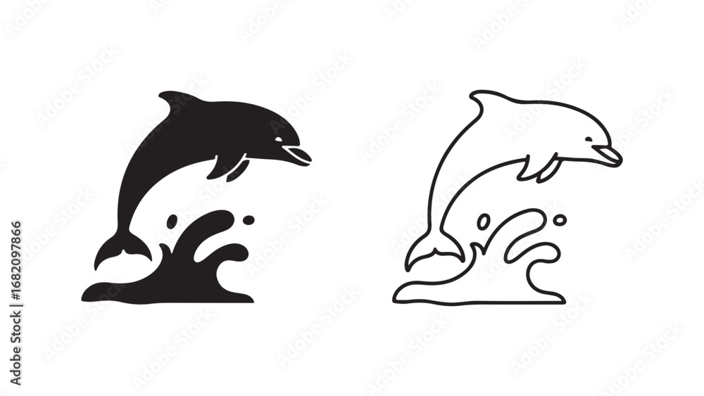 Fototapeta premium Jumping dolphin outline and solid icon with transparent background