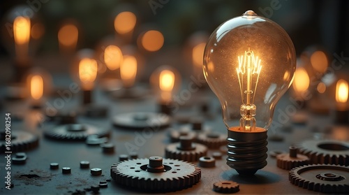 Illuminated Edison bulb with gears symbolizes innovation and mechanical ingenuity