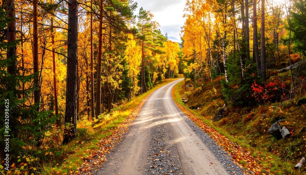 Fototapeta premium A winding dirt road through a vibrant autumn forest bathed in golden light.