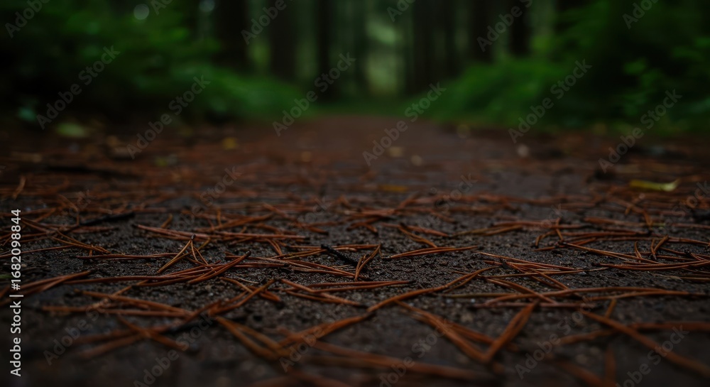 Fototapeta premium Close-up view of a forest path covered with fallen pine needles, showcasing a detailed texture and muted color palette.