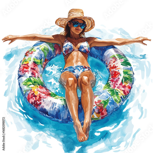 Girl Floating Pool Ring, watercolor drawing vector, isolated on a white background.