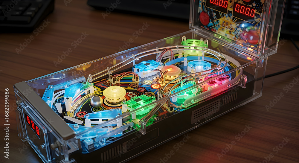 Obraz premium Vibrant tabletop pinball machine glows with colorful lights on a wooden desk, offering nostalgic fun