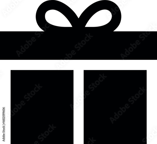 Simple black silhouette icon of a wrapped gift box with a bow