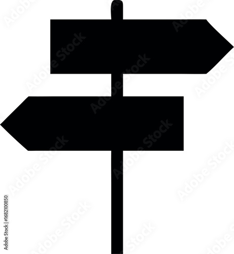 Black silhouette of a two way street signpost with arrows pointing in opposite directions