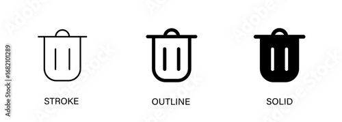 Trash icon for ui design, delete, cancel, phone and computer. Vector stroke, outline and solid icons.