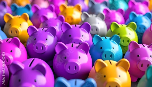 Crowd of Colorful Piggy Banks Savings with Finance, Investment, and and Money Concept.