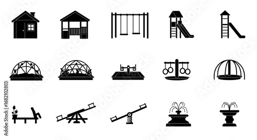 City Park and Playground Equipment Solid Glyph Icon Set