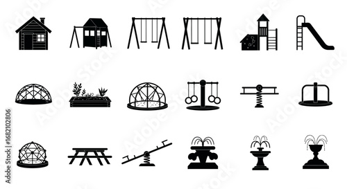 City Park and Playground Equipment Solid Glyph Icon Set