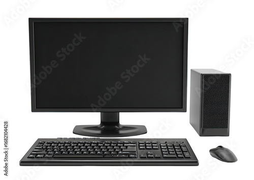 Desktop computer, monitor, keyboard, mouse, and case.  Dark gray/black components
