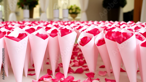 Rows Of Paper Cones Full Of Rose Petals Ready For Wedding Recession