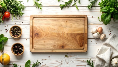 Wooden cutting board surrounded by fresh herbs, tomatoes, garlic and peppercorns on a white wooden surface, shot from overhead
