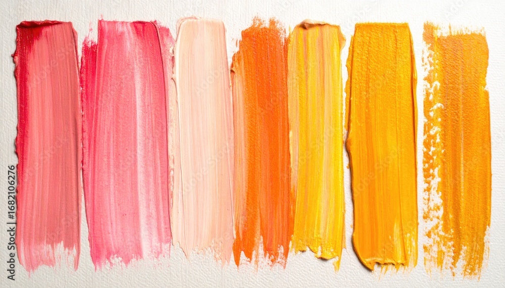 Fototapeta premium Abstract arrangement of strokes of different orange and pink shades of paint on a textured white surface. Warm color gradient, close-up perspective