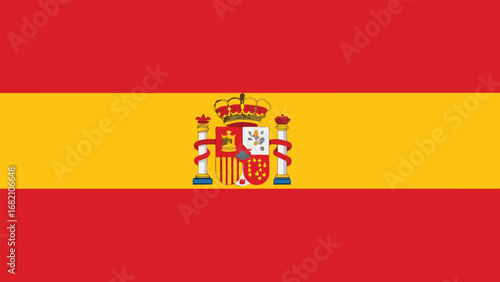 The image displays the flag of Spain, featuring three horizontal stripes in red, yellow, and red, with the national coat of arms