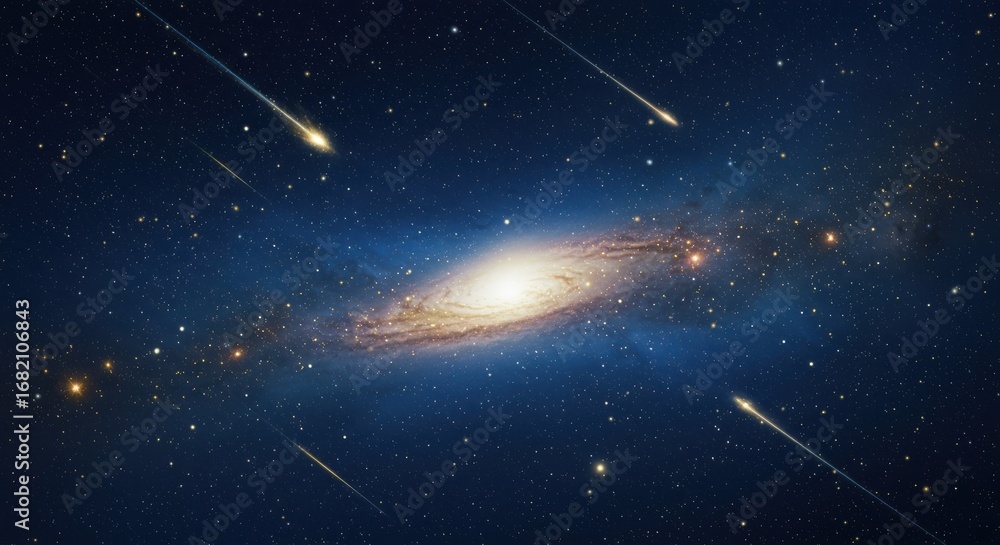 Naklejka premium A breathtaking view of a spiral galaxy, with streaks of light from meteors, against a deep night sky.