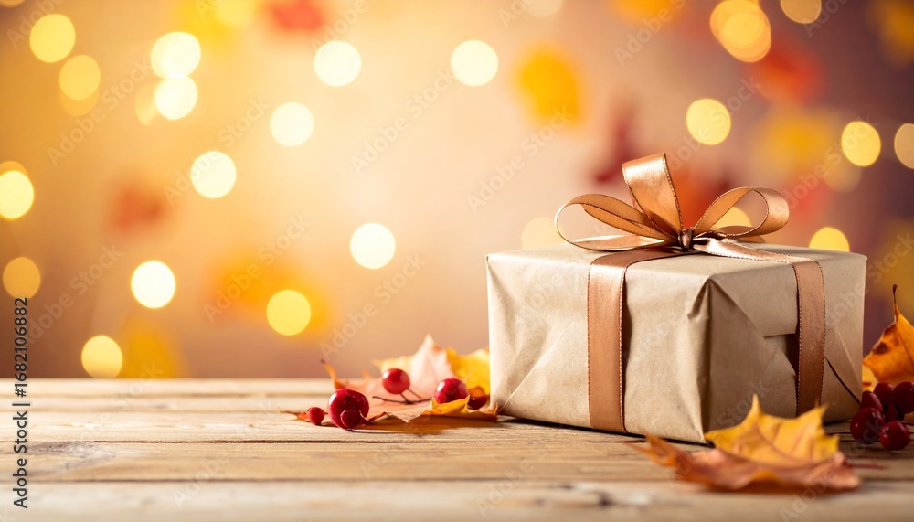 Fototapeta premium Festive Gift Box on Rustic Table with Autumn Leaves Bokeh Lights.