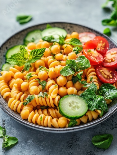 Wallpaper Mural Colorful pasta salad with chickpeas, cucumbers, and cherry tomatoes garnished with fresh herbs on a textured gray background Torontodigital.ca