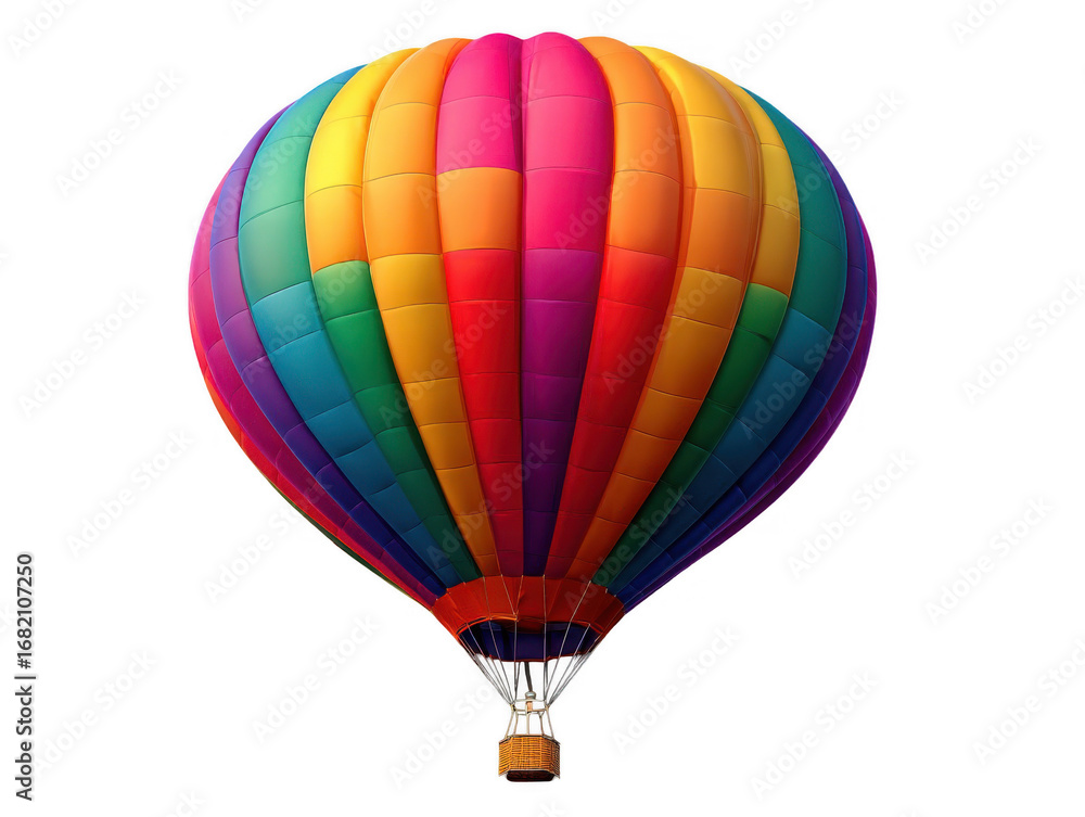Fototapeta premium Brightly colored hot air balloon with vibrant rainbow panels floating against a clear background