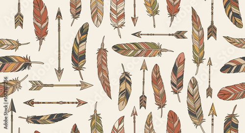 Pattern of feathers and arrows on a light beige background