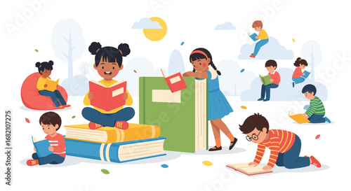 Children reading books in various positions and locations