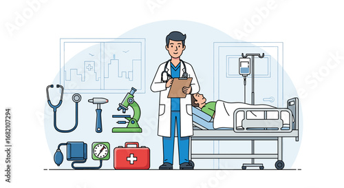 Doctor with patient and medical equipment in hospital room