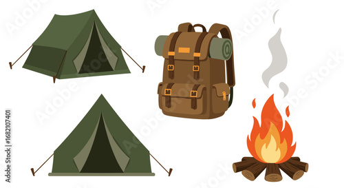 Camping scene with tents backpack and a burning campfire