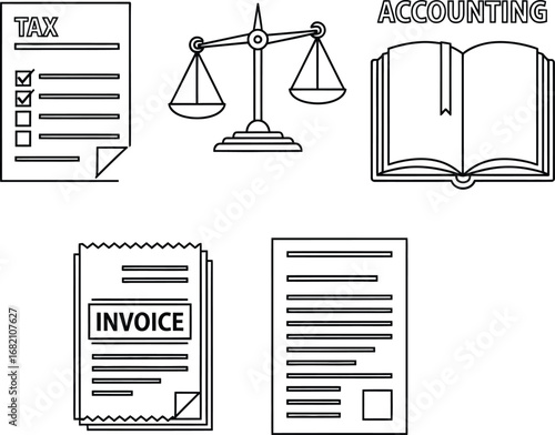 Business and Legal Documents Line Art: Tax Form, Scale of Justice, Accounting Ledger, and Invoice for Finance, Law, and Administration Concepts.