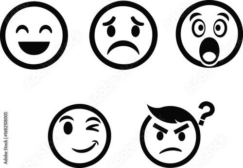 Set of Emoji Faces Line Art Icons: Happy, Sad, Surprised, Winking, and Angry Emotions for Communication, Social Media, and Human Feelings Concepts.
