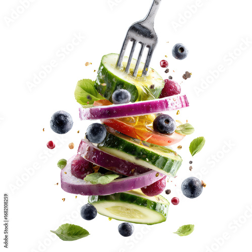 Colorful vegetable slices piled high, with a fork piercing through the center.  Fresh blueberries, cucumber, red onion, and tomato slices are in a dynamic, upward-flowing stack.