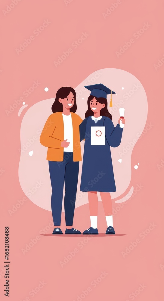Obraz premium Proud mother and daughter celebrating graduation, a heartwarming depiction of achievement and familial bond.