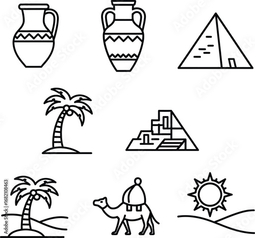 Ancient Egypt and Desert Adventure Line Art Icons: Pyramids, Palm Trees, Camel, and Urns for Travel, History, and Holiday Concepts.