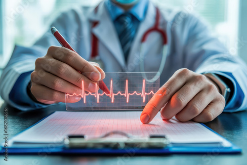 Doctor stethoscope heartbeat electrocardiogram medical healthcare clipboard pen uniform analysis close up professional hospital cardiology diagnosis technology futuristic monitoring pulse data