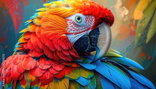 Vivid digital painting of a vibrant macaw with striking red, yellow, and blue plumage against a painterly, tropical-themed backdrop