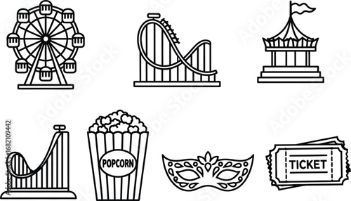 Funfair and Amusement Park Line Art Icons: Ferris Wheel, Rollercoaster, Popcorn, and Carnival Ticket for Entertainment and Celebration Concepts.