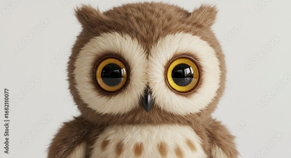 Obraz premium Close-up of a cute, fluffy stuffed owl with large, expressive yellow eyes against a plain background.