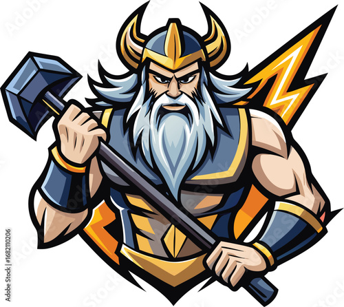 A cartoon viking character holding an axe in one hand and a hammer in the other, wearing a horned helmet