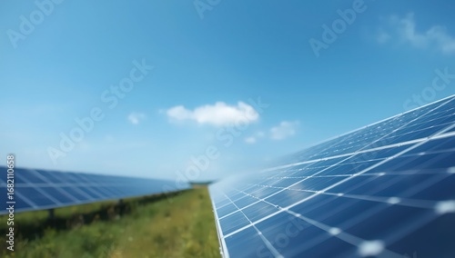 Solar panel farm generating clean renewable energy under a blue sky with white clouds, a sustainable and environmentally friendly source of power generation