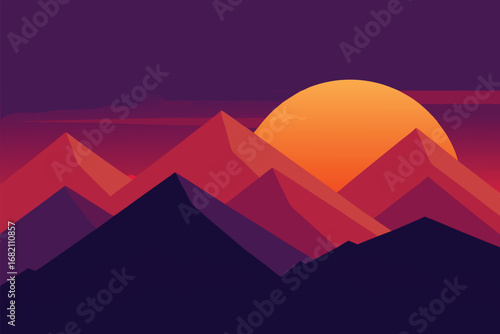 Sunset over mountains with a vibrant purple sky, casting a serene and colorful glow across the landscape