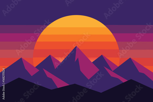 A vibrant mountain sunset displaying rich purple and orange hues against a silhouetted landscape