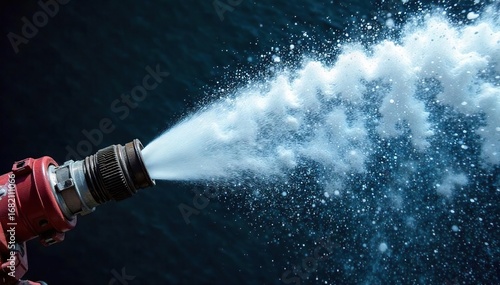 Powerful Water Jet from Fire Hose High-Pressure Spray Reaching for the Sky, Demonstrating Force and Reach Ideal for Fire Safety, Industrial Cleaning, and Water Pressure Concepts.