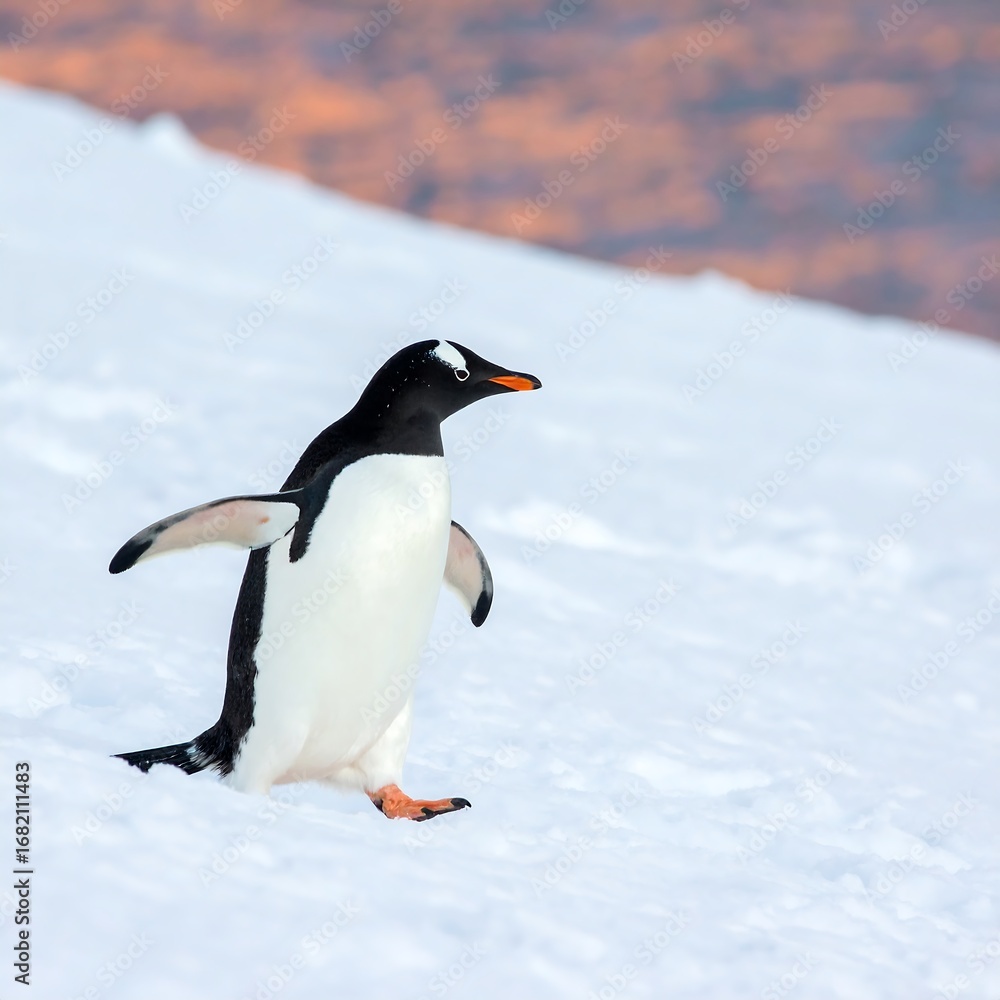 Naklejka premium Gentoo penguin on snow-covered slope at sunset