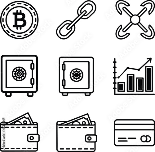 Cryptocurrency, Finance, and Technology Vector Icons Set. Outline Illustrations of Bitcoin, Blockchain, Safe, Chart, Wallet, and Credit Card. Perfect for Business and Digital Concepts.